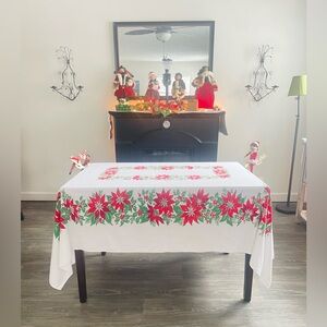Vintage Christmas Tablecloth Poinsettias Red Green on White 60x80